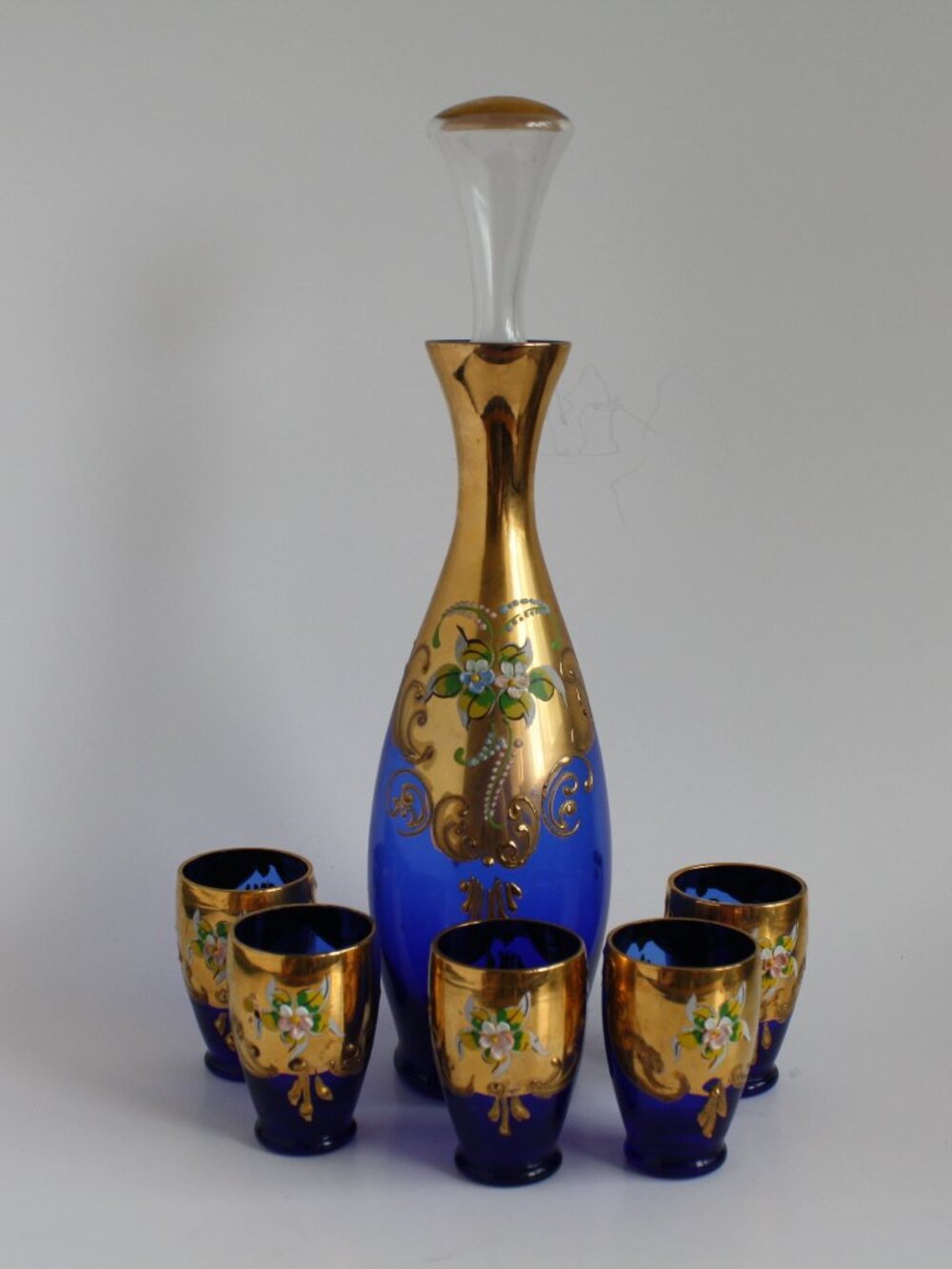Vintage cobalt blue Czech Bohemian Glass Decanter Set with 5 glasses Handpainted